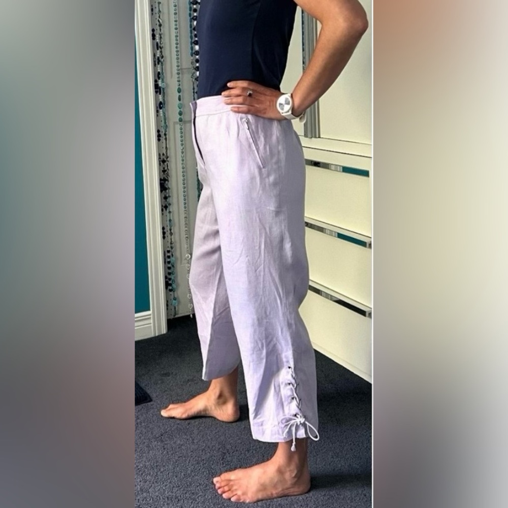 Vintage French Linen Capris in Misty Lilac with lace-up detail - Casual Chic